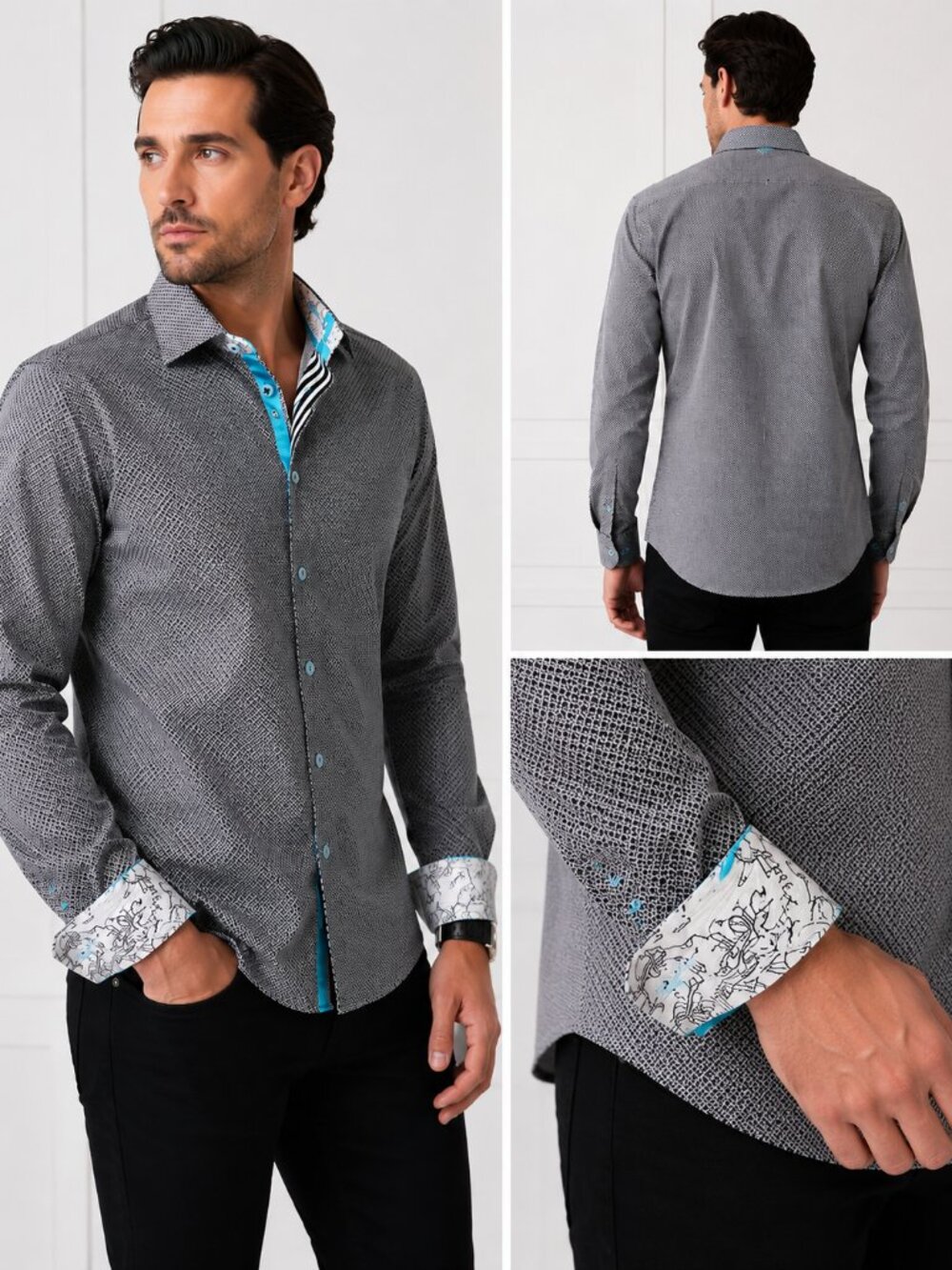 AU NOIR Button-Up Shirt Geometric Print Black White Turquoise Size S 100% Cotton